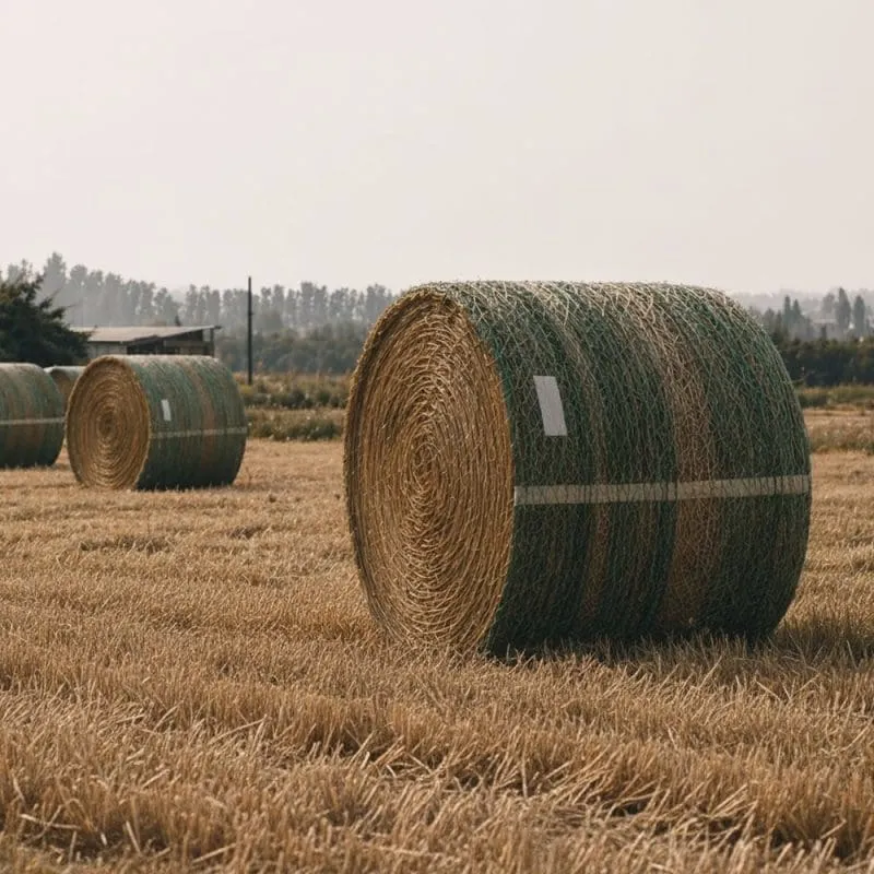 Large hay bales in a harvested field.