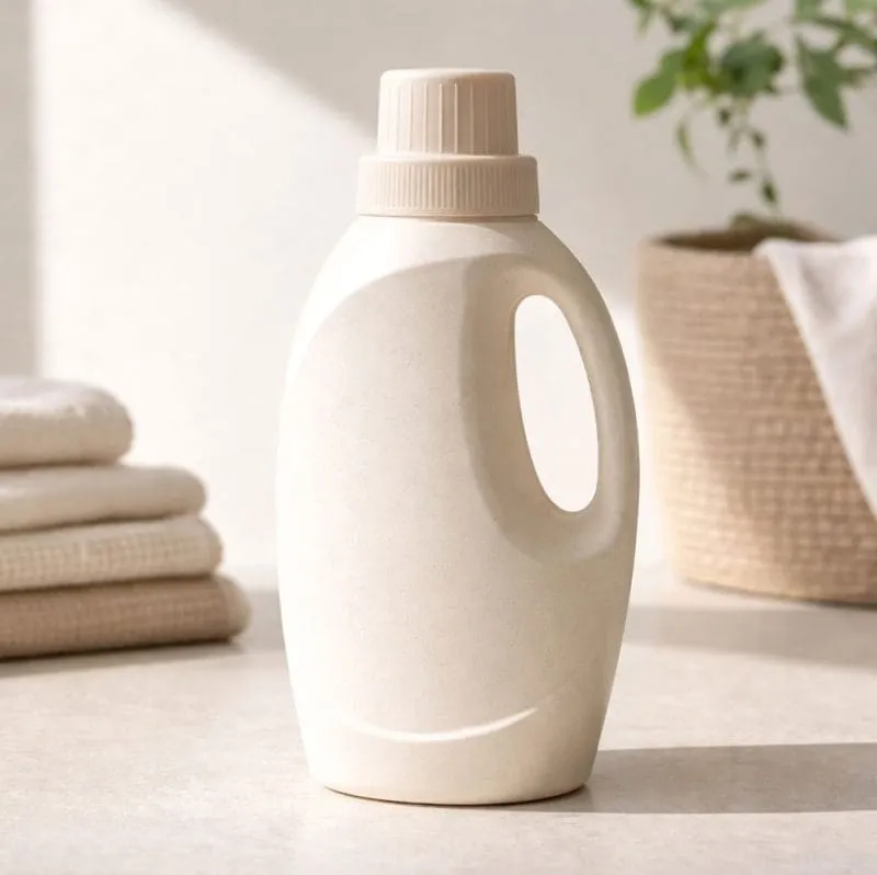 A beige detergent bottle with a handle on a light surface.