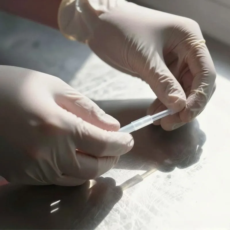 Gloved hands holding a small tube.