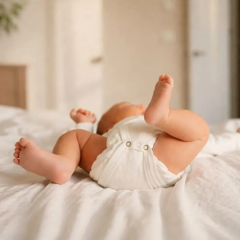 Baby lying on a bed with legs raised, wearing a white outfit.