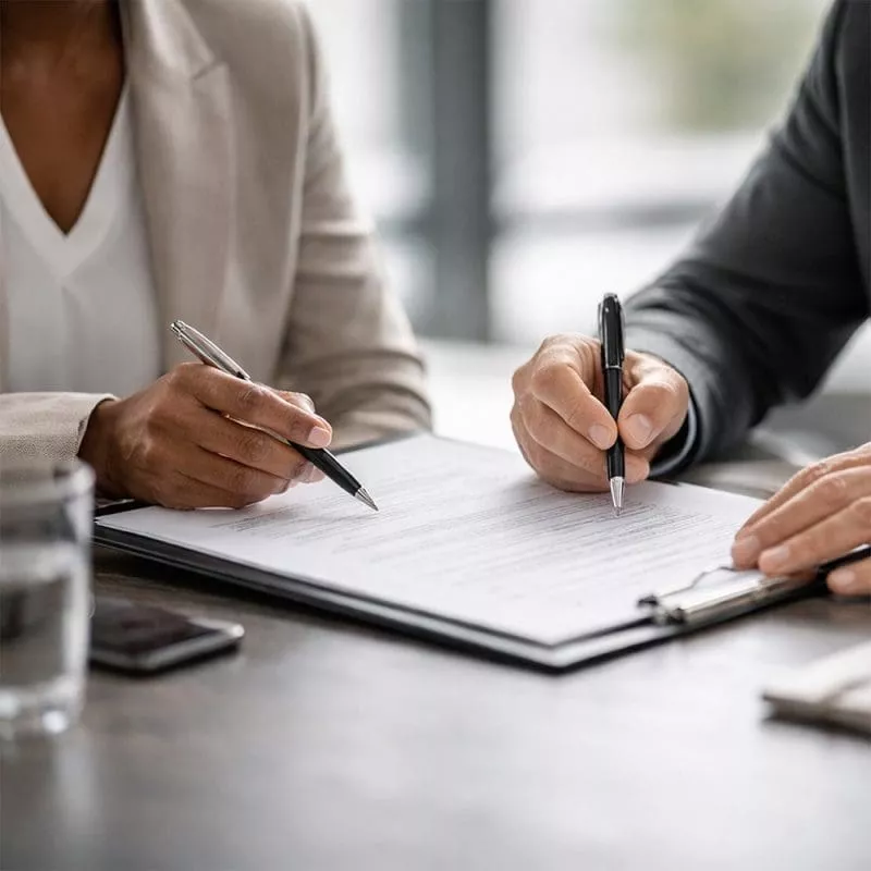 Two people working on a document together