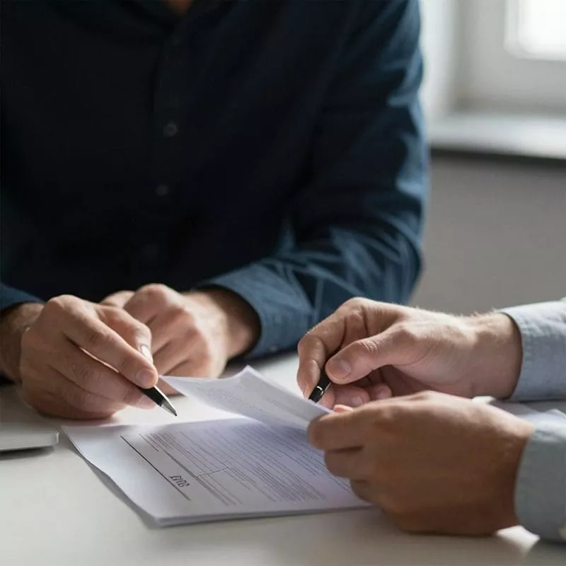 Two people reviewing and signing a document together at a desk.