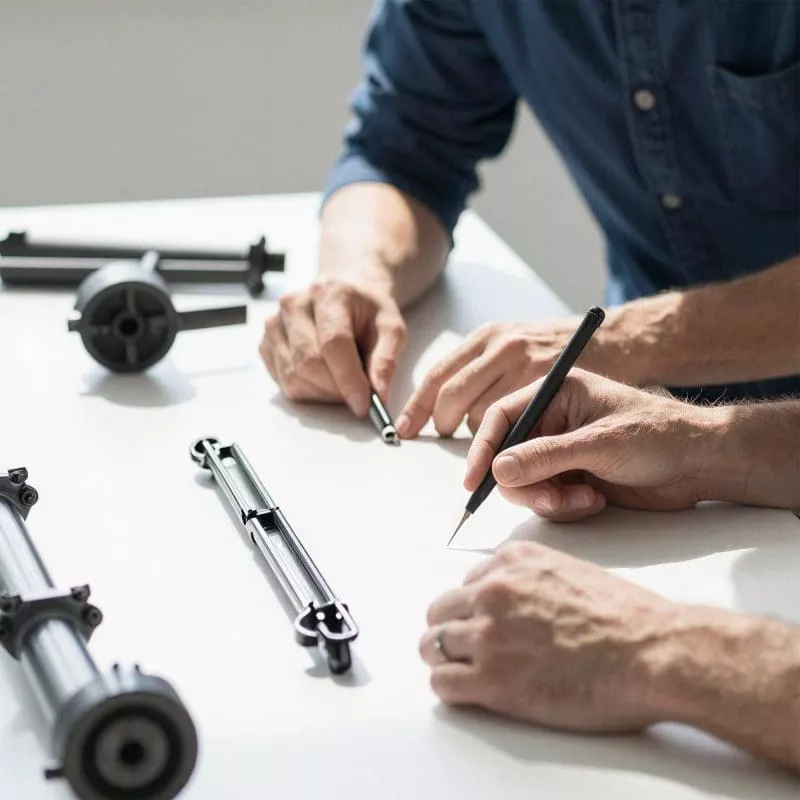 Two people reviewing and sketching a technical drawing on paper, with metal components laid out on the table nearby.