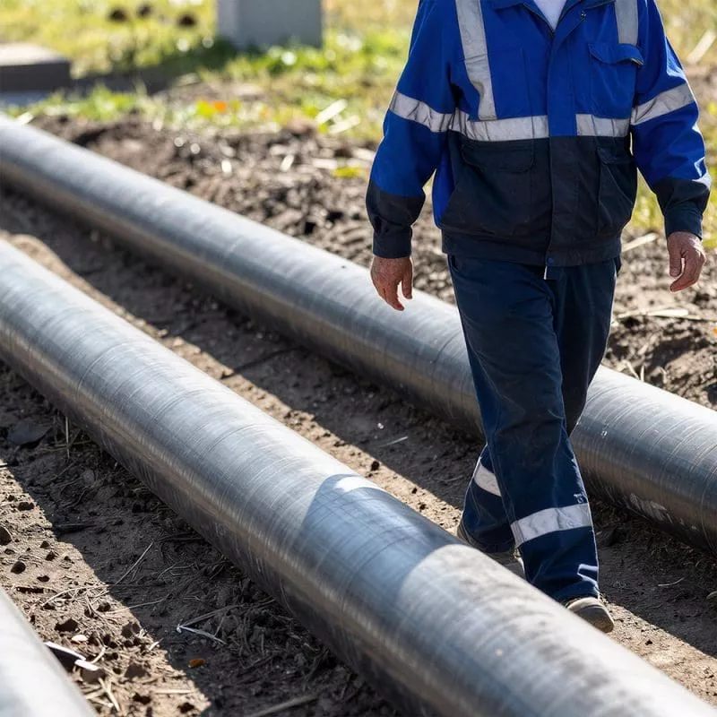 Worker in a blue uniform walking alongside large underground pipes in a trench at an outdoor worksite.